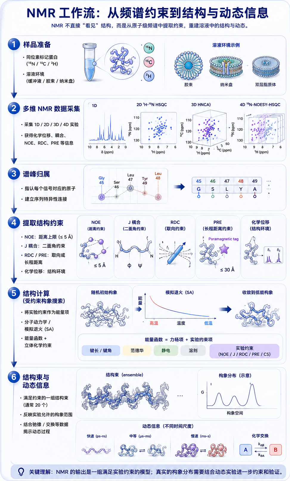 NMR 工作流：样品准备、多维频谱、谱峰归属、结构约束和结构束动态信息